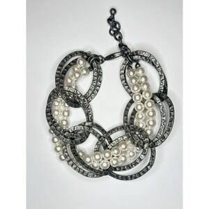 Silver Tone Hammered Oval Link Faux Pearl Multi Strand Statement Bracelet